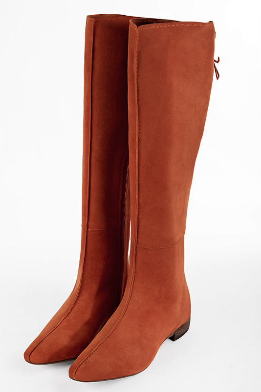Terracotta orange women's knee-high boots, with laces at the back. Square toe. Flat leather soles. Made to measure. Front view - Florence KOOIJMAN